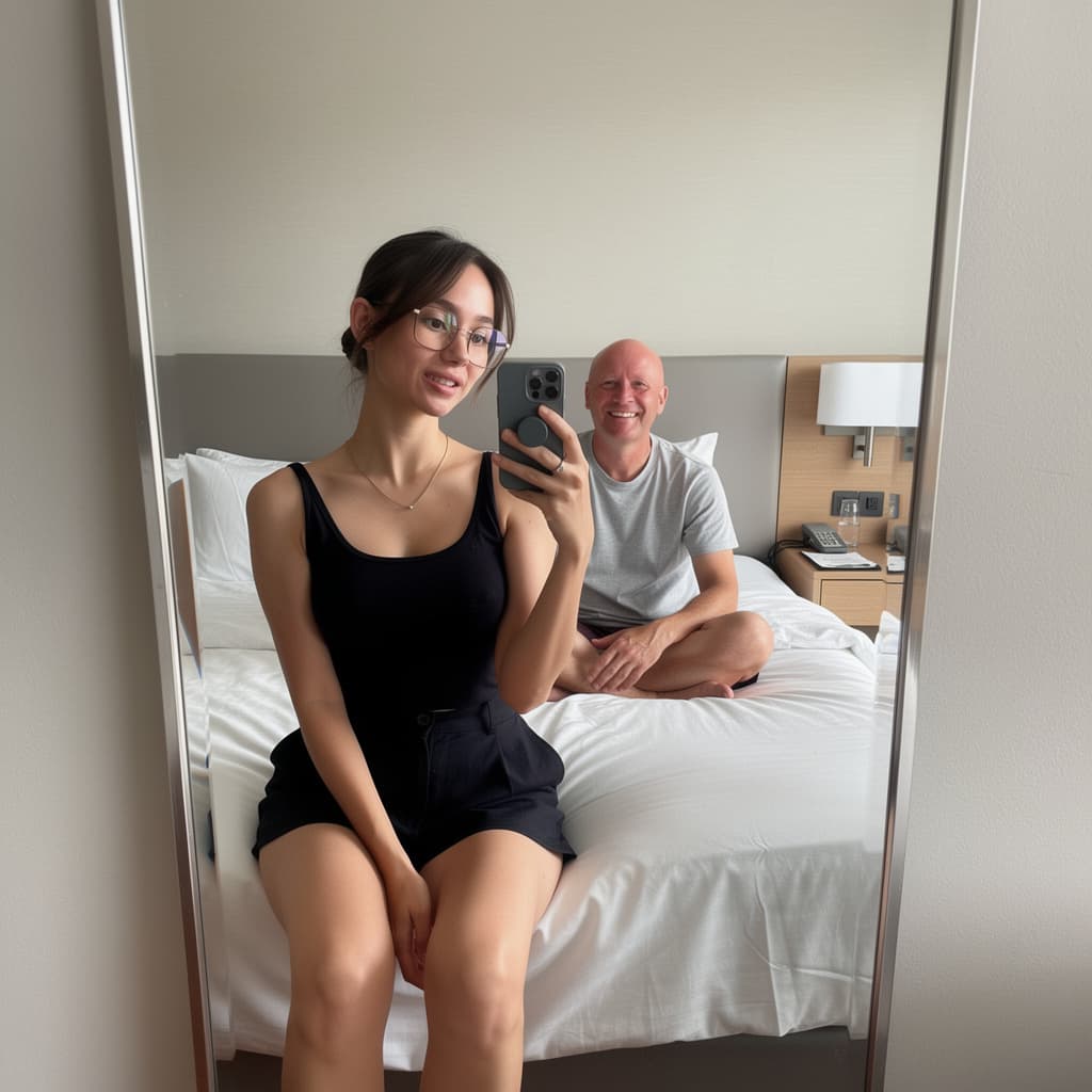 AI generated: {
  "scene": {
    "setting": "Modern hotel room",
    "background_details": {
      "furniture": "L...