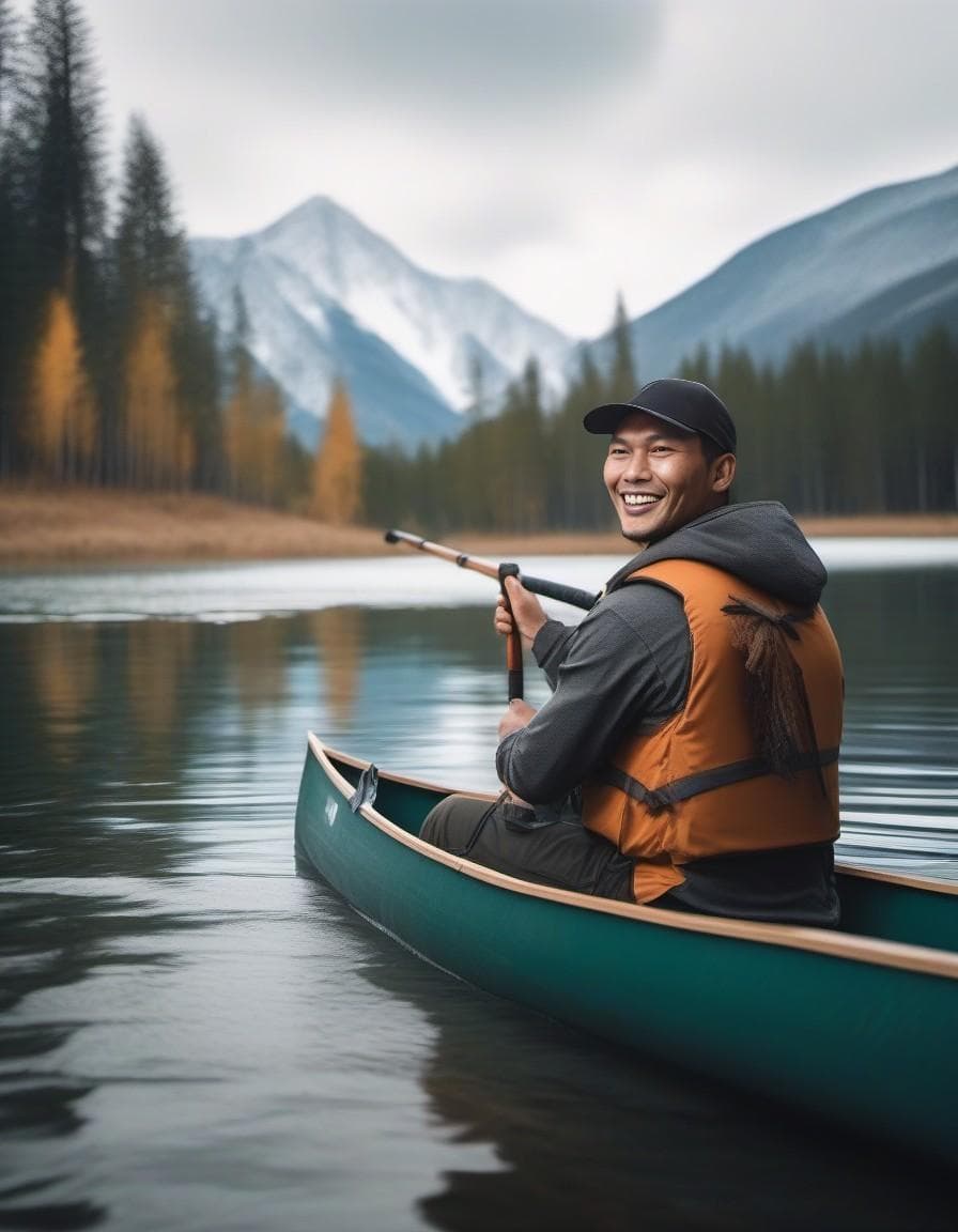 AI generated: There is a man sitting on a canoe fishing on the water, there is a tent by the water in the distance...