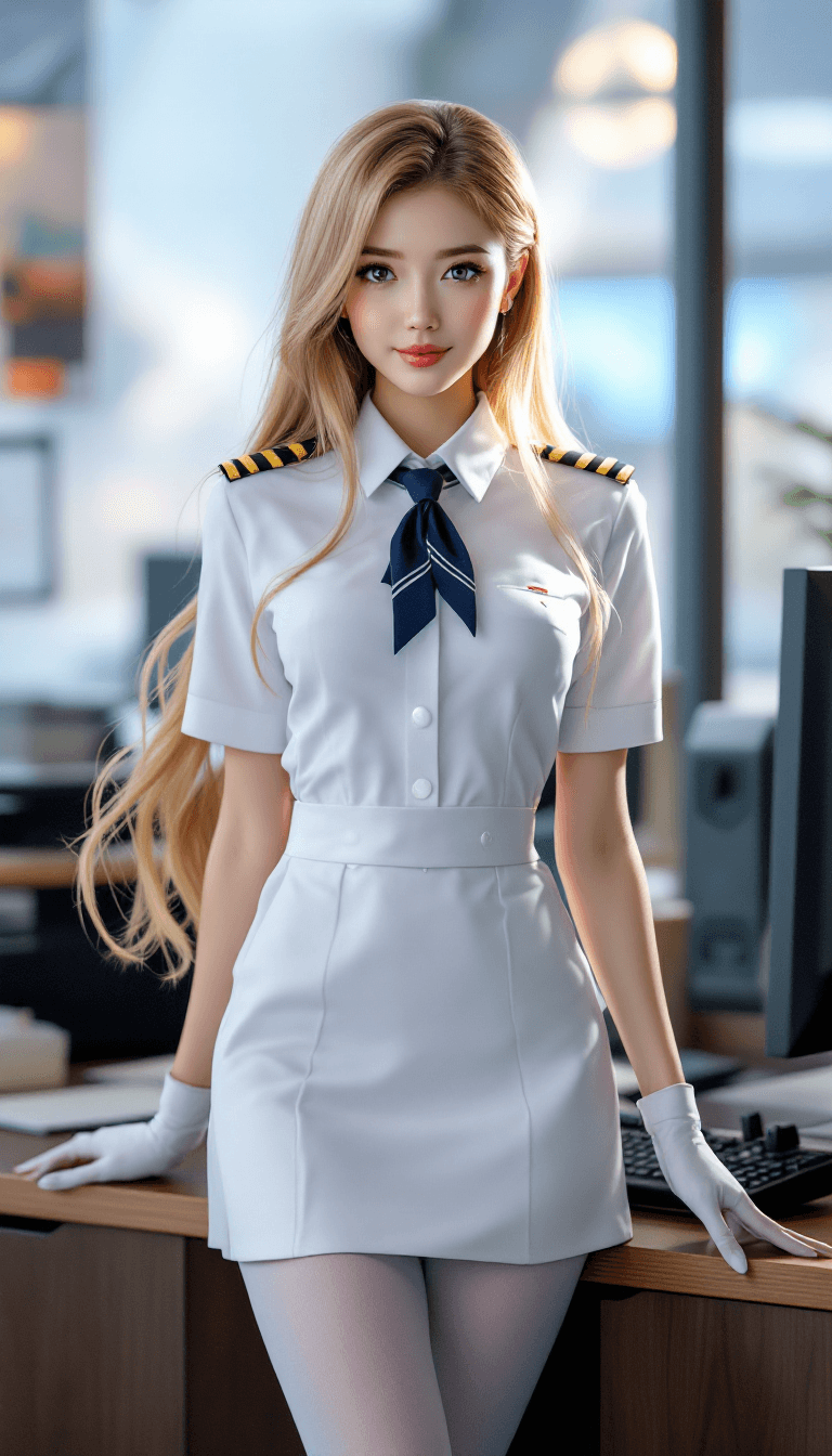 AI generated:  female, blond long Hair, wearing a beautiful uniform pilot,she Japan, White tights, pointed shoes, ...