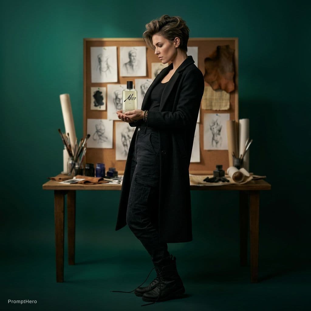 AI generated: photography, upper body, female model in dramatic side pose, leaning backwards at 15-degree angle, h...