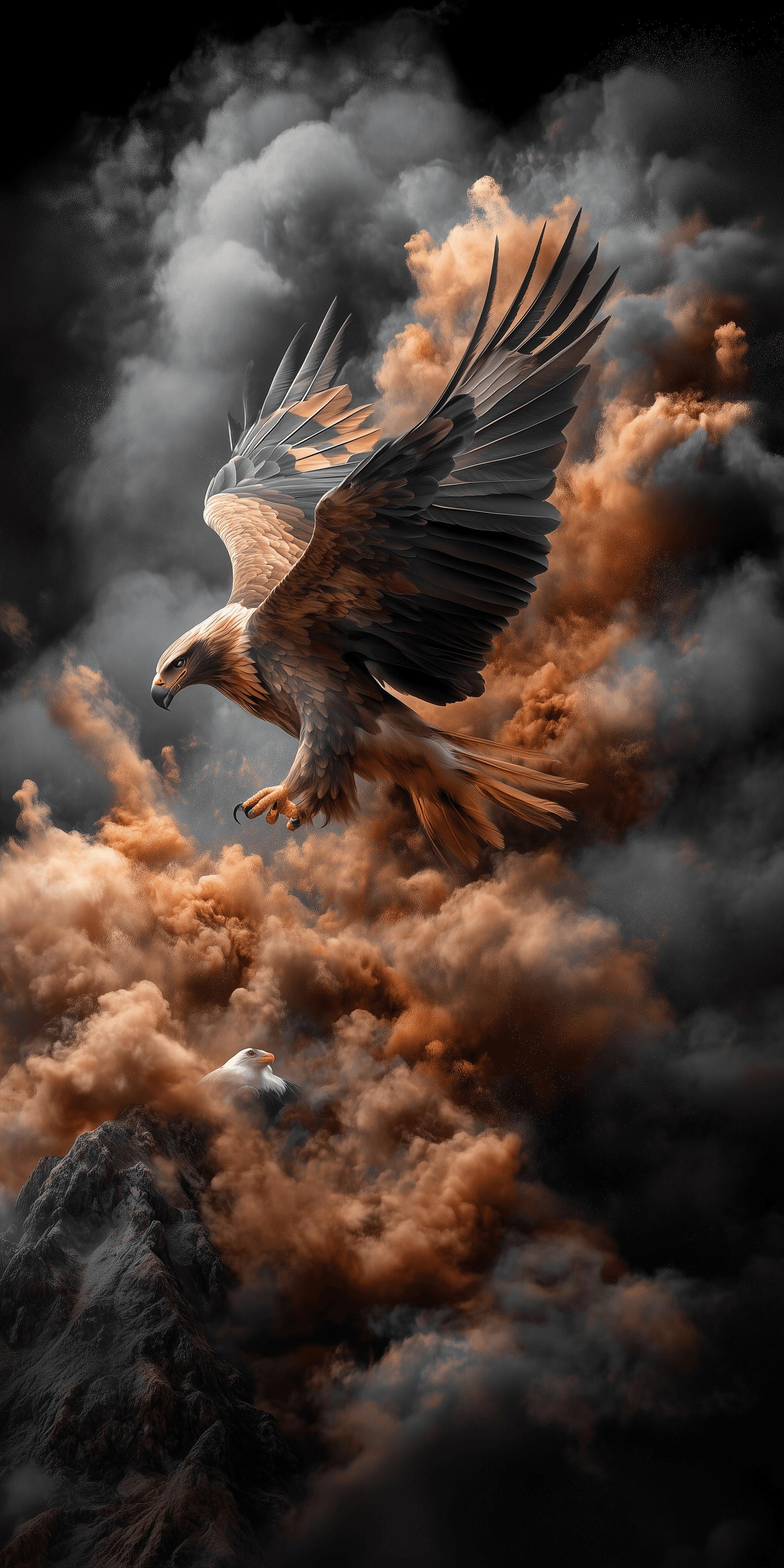 AI generated: A Golden Eagle with expanded wings on a black background, in 5D rendering with sharp details and cin...