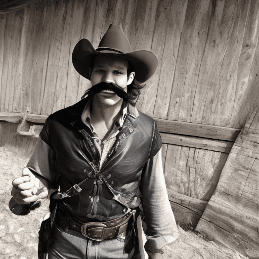 AI generated: young handsome rugged cowboy moustache smile smirk gun belt standing street quickdraw