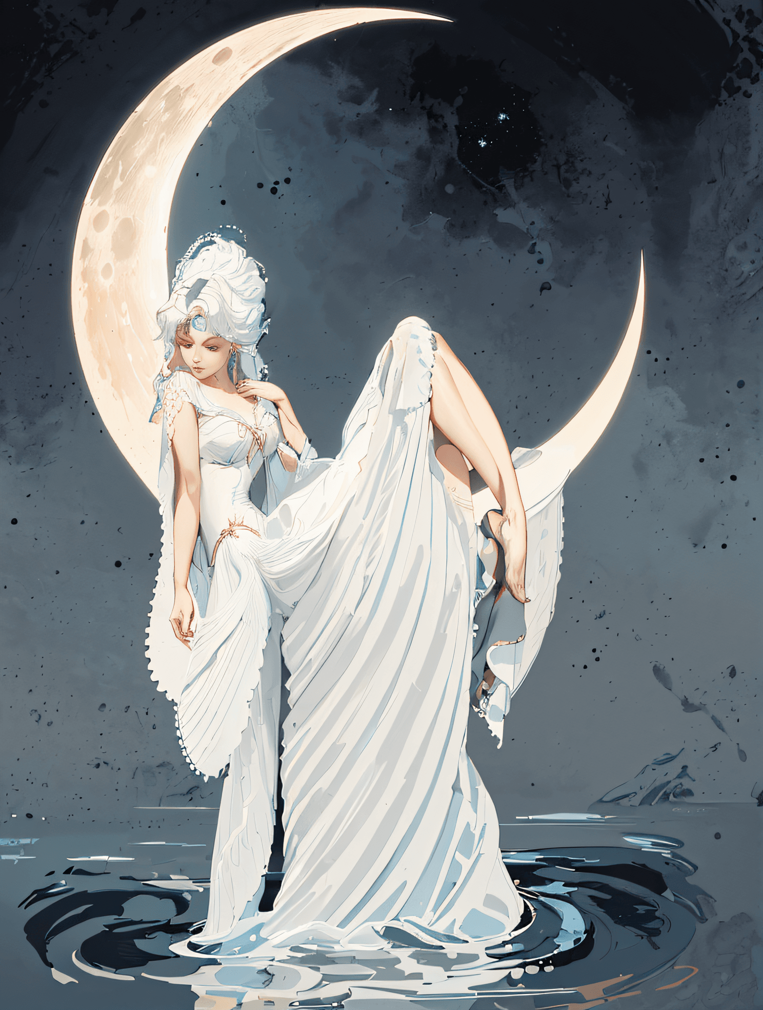 AI generated: a close up of a woman in a dress standing in water, inspired by Victor Mosquera, lunar goddess, in s...