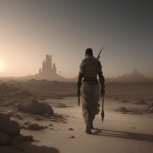 AI generated: Concept art of an wasteland wanderer, arab wise guy, walking in the wasteland alone, dramatic light,...