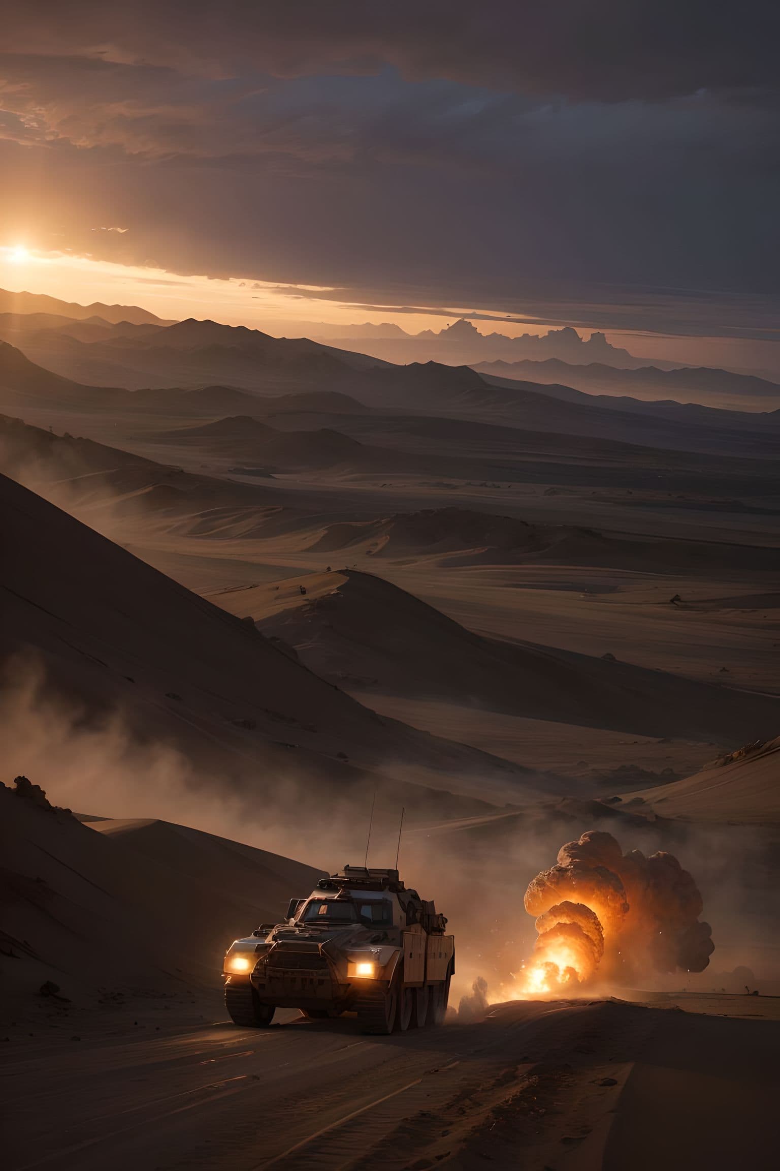 AI generated: Battlefield, wartime desert landscape, sunset clash, tank battle in the desert, hot colors of the se...