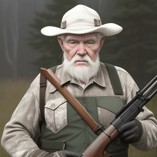 AI generated: Really hunters with rifle in the hand, old man with white barb, seeing very uggly