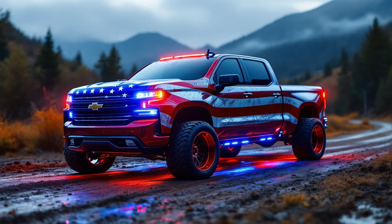 AI generated: A reflective mirror like, mix of red and blue with an American flag going from frontnof truck to rea...