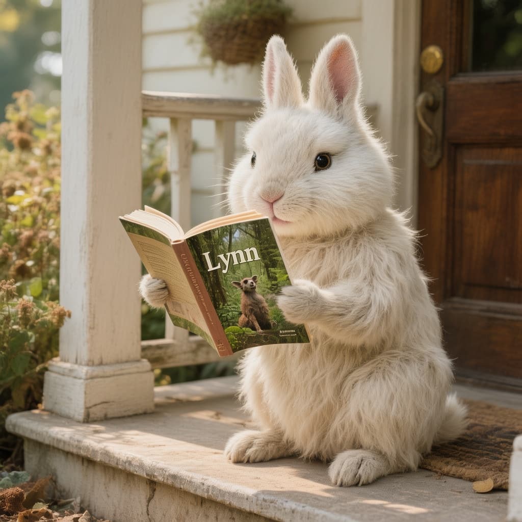 AI generated: Mechanical Maltese sitting on a porch step reading a book about nature with realistic movement, with...