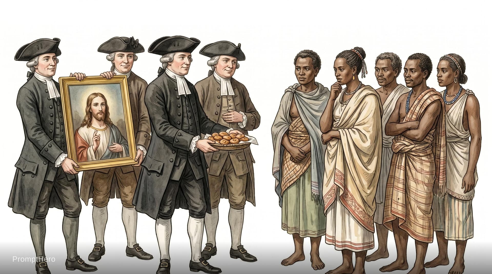 AI generated: COLONIALIST PREACHERS CHRISTIANS SMILING WHILE HOLDING A PICTURE OF WHITE JESUS PAINTING AND TRYING ...