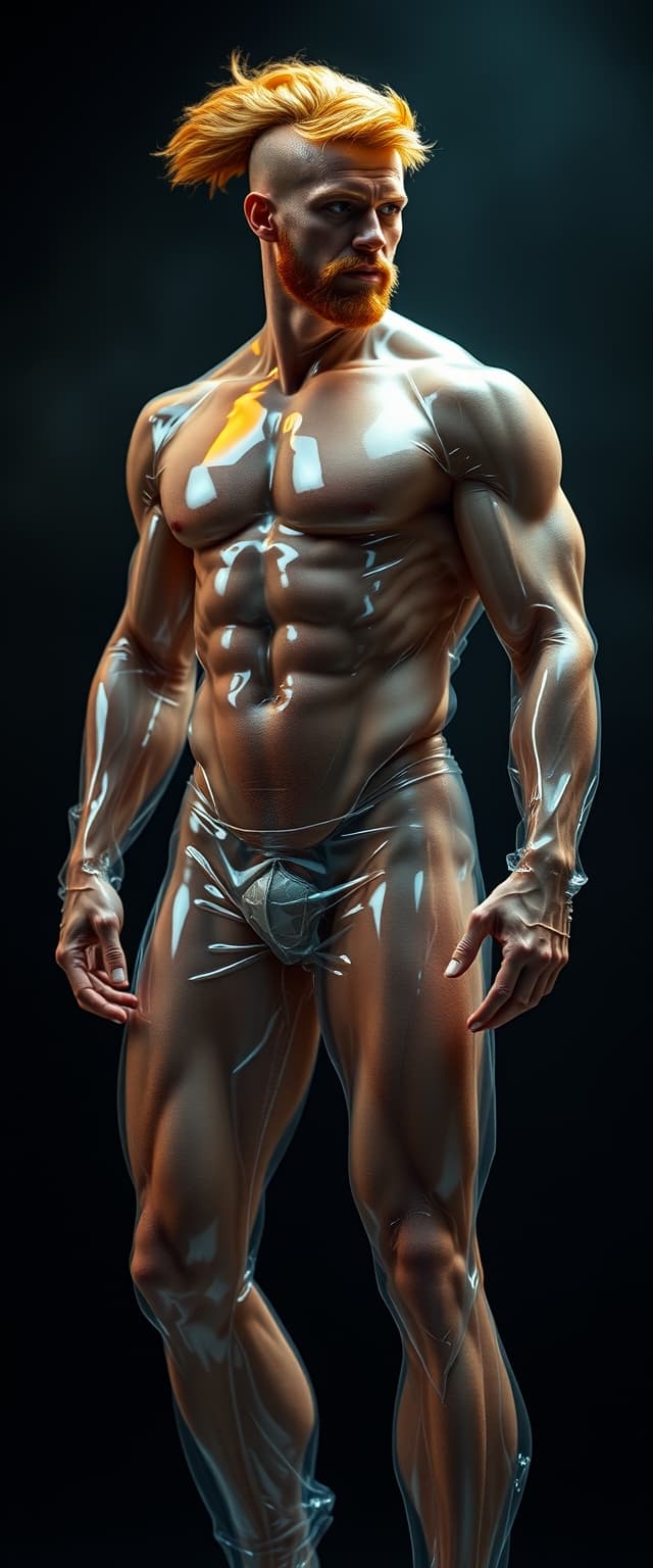 AI generated: Hyper-realistic muscular ginger man in a skin-tight transparent and translucent plastic suit, wearin...