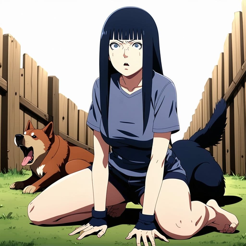 AI generated: Hinata hyuga from anime naruto, she on her knees, doing ahegao face, there is a dog behind her with ...