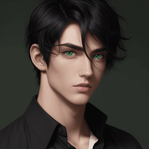 AI generated: man with medium skin, black hair, green eyes,