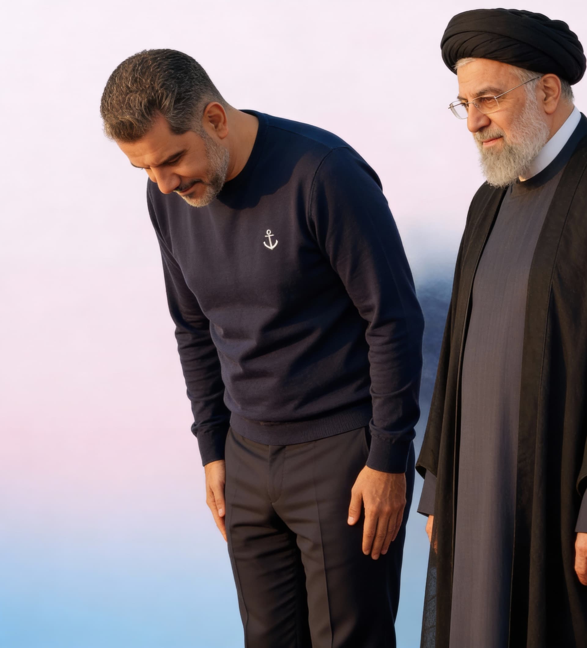 AI generated: ایستاده بدون تغییر چهره با کت شلوار رسمی کنار آقای خامنه ای قرار بده که به آقای خامنه ای احترام گذاش...