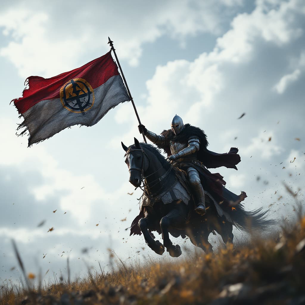 AI generated: knights vikingo riding hard into battle, templar flag, 1150's, midievil, christian, illuminati, unre...
