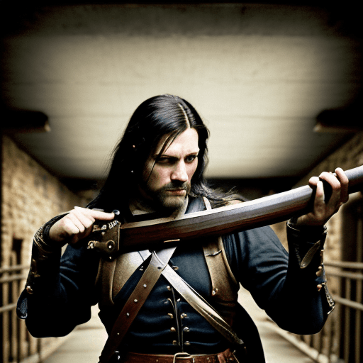 AI generated: big musket in hand, medieval, engineer, art, leather jerkin, renaissance, dirty looking, Pouch over ...
