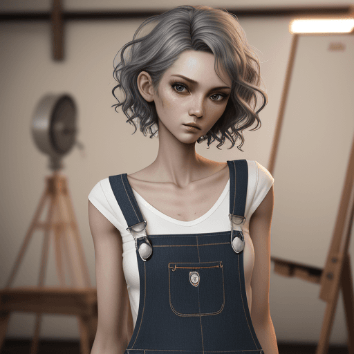 AI generated: slim, slender, looking at viewer, overalls, short hair, wavy hair, (masterpiece), (best quality:1.2)...
