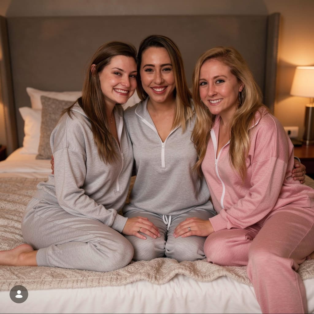 AI generated: Create a photorealistic image of these 3 girls. They are nude sitting next to each other on a bed. T...