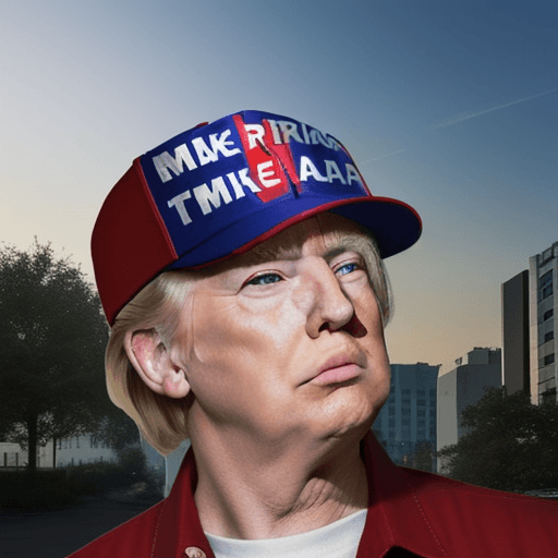AI generated: Hyper realistic eye level exterior photo of donald trump, with the make america great again cap in r...