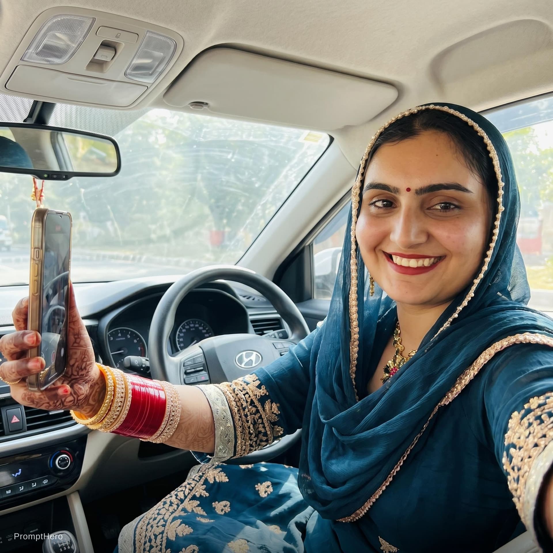 AI generated: this woman, but inside the car in the driver's seat, recording herself in selfie mode