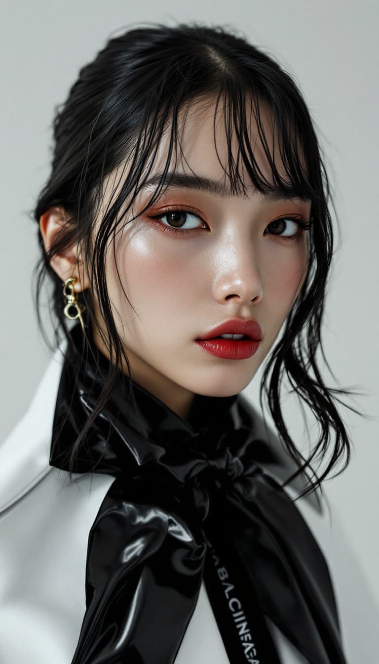 AI generated: Medium shot portrait of an Asian beautiful model in Balenciaga outfit, fashion shot, editorial, high...