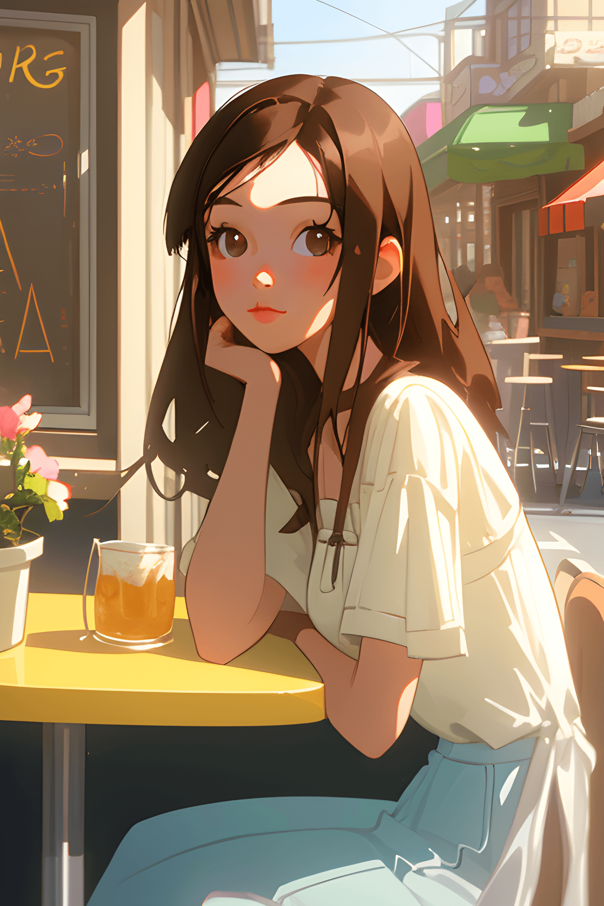 AI generated: A dreamy portrait a cute brunette girl in her 20s, in an open roadside cafe, in a bright sunny day, ...