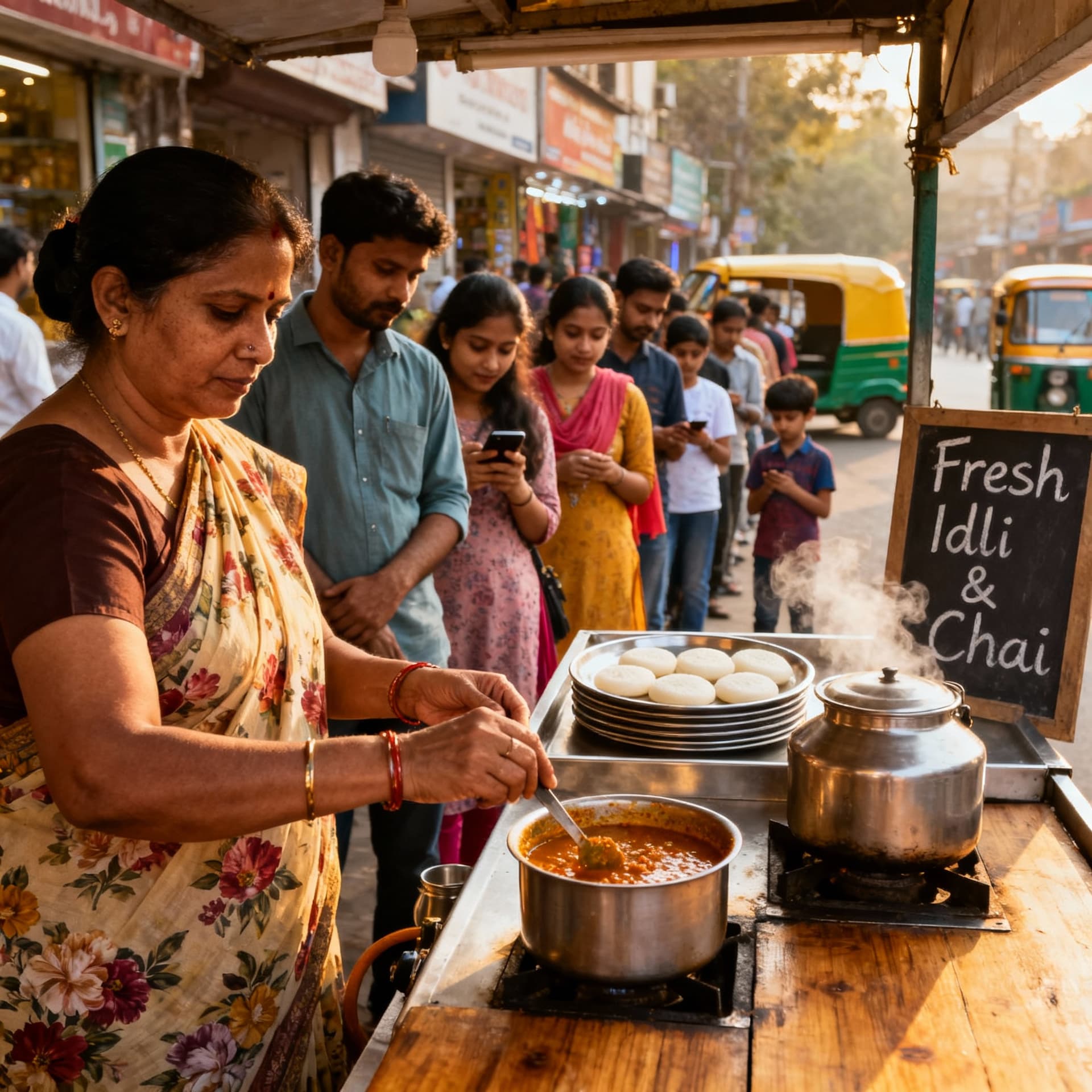 AI generated: Tea stall woman selling idli and lots of people waiting for food
