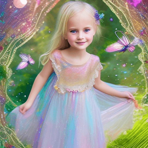 AI generated: a 5-year-old blonde girl clothes are adorned with shimmering iridescent silks, intricate lace, and d...