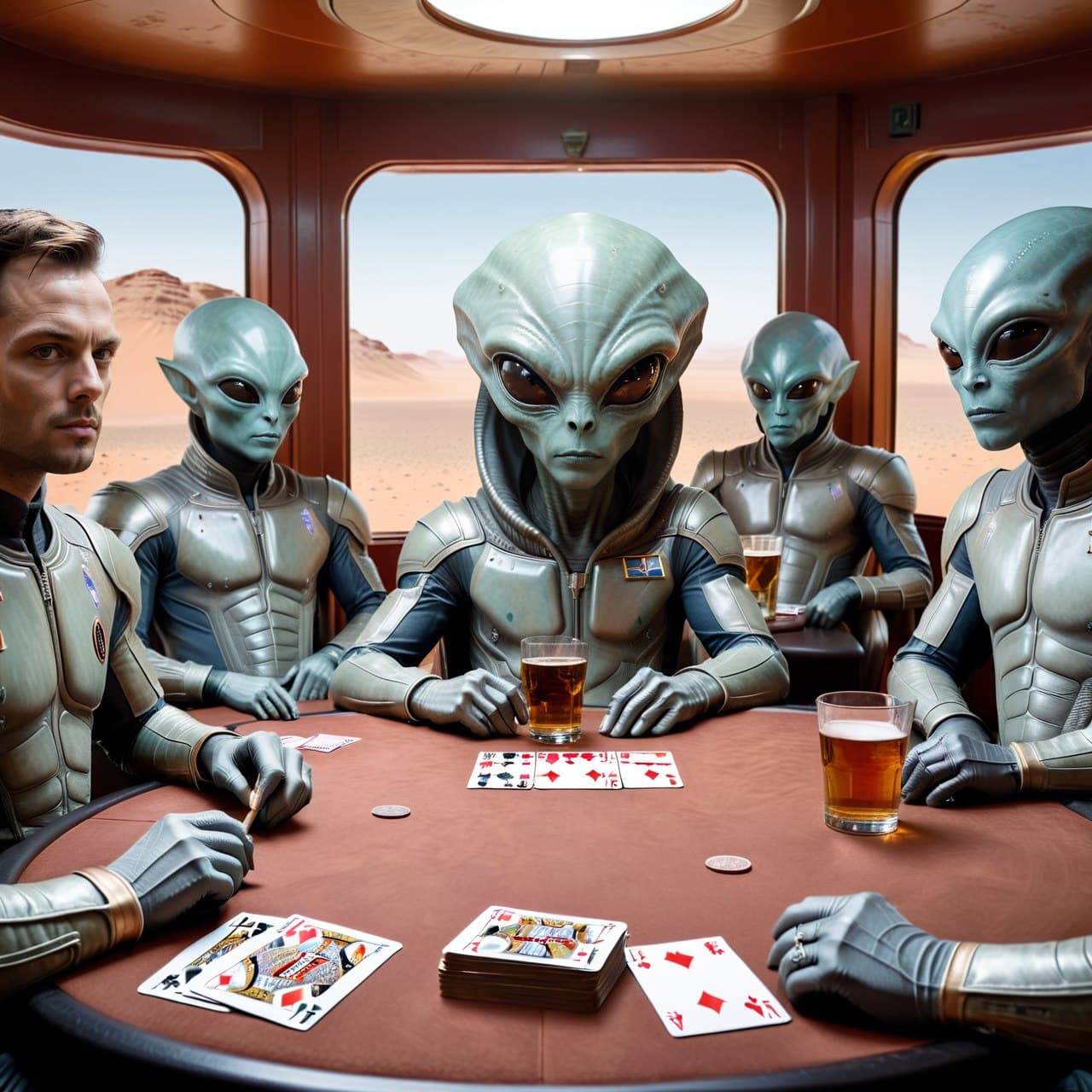 AI generated: alien poker and booze on Mars, in the style of photographically detailed portraitures, group zero, f...
