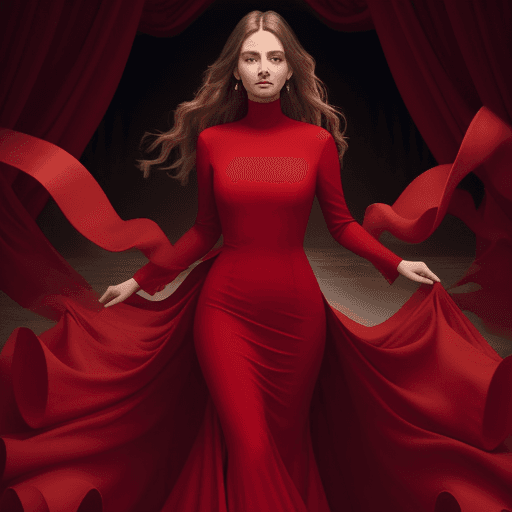 AI generated: The image is a full-length portrait of a woman in a flowing red dress. soft smile, symmetrical face,...