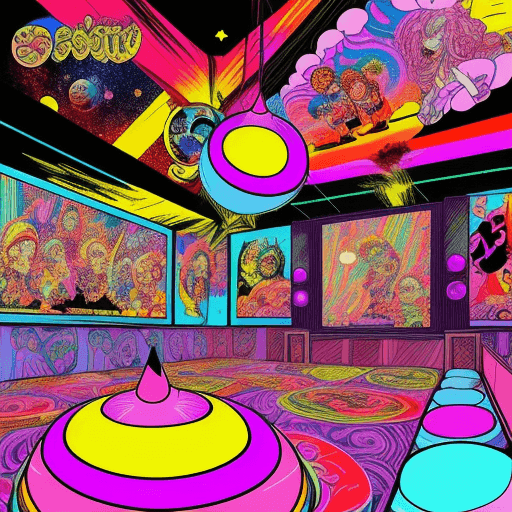 AI generated: party in the style psychedelic manga, the style of retro video games and movies, with a lot of subje...