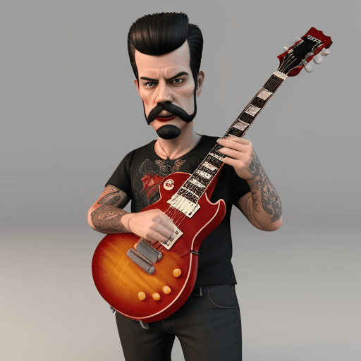AI generated: 3D caricature of a man with short van dyke beard with tattoos playing a full red les paul guitar