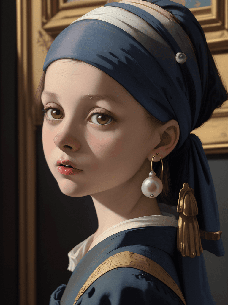 AI generated: girl with pearl earring painting by Vermeer, in the style of appropriation artist, strong facial exp...