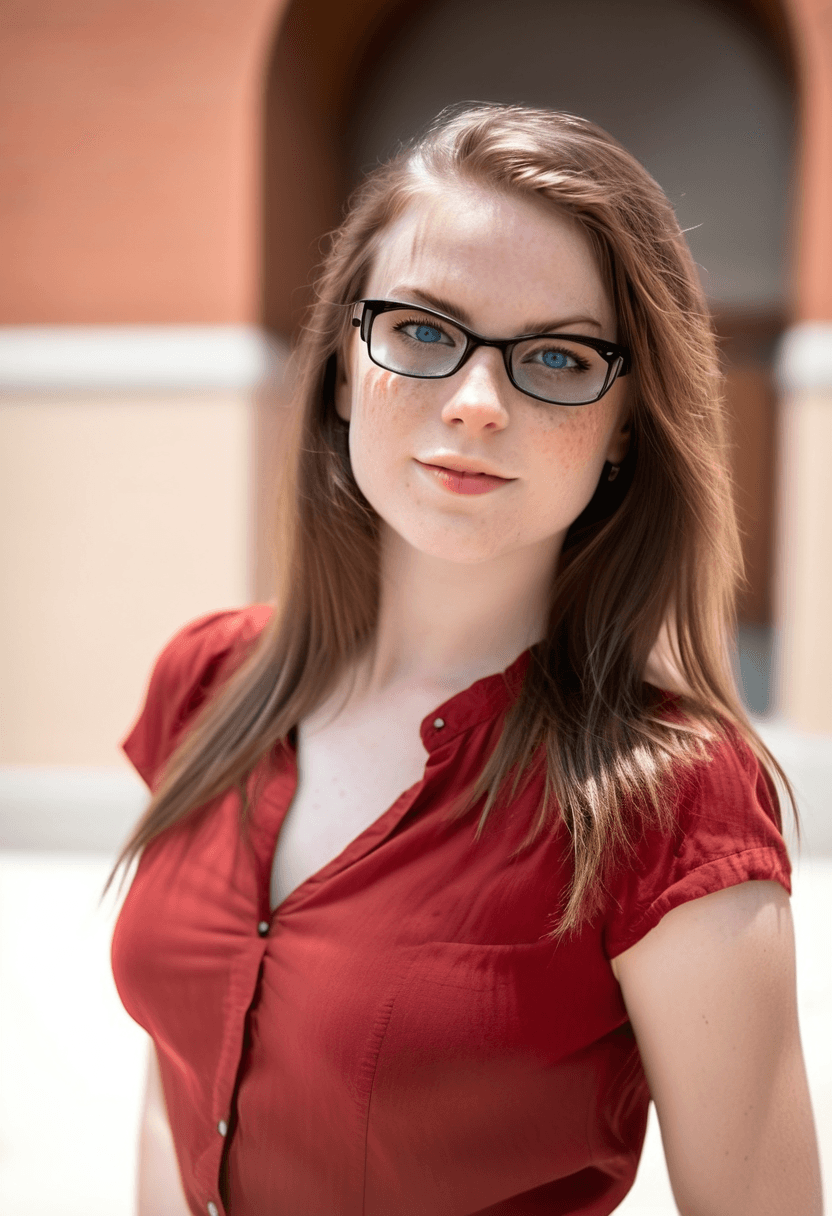 AI generated: This is a photograph of a woman staring at the viewer with light blue eyes and a small grin. Her sho...