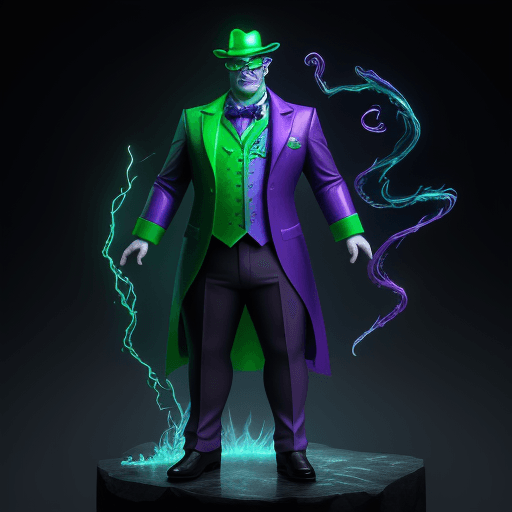 AI generated: full body portrait , 1man fat with magic lightning and fire and ice and water and wind, the riddler,...