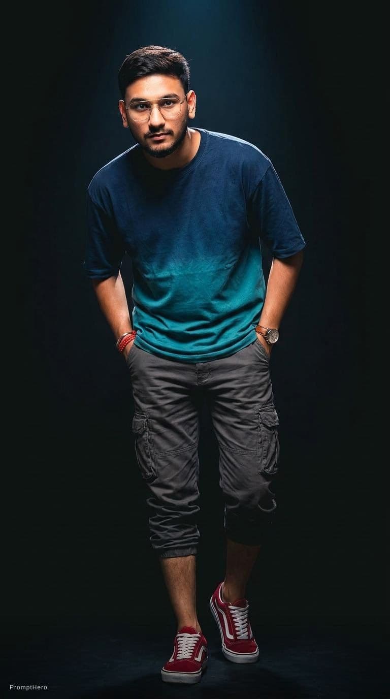 AI generated: fashion photograph, front shot, full body, male model, gaze to front, provocative stare, short styli...