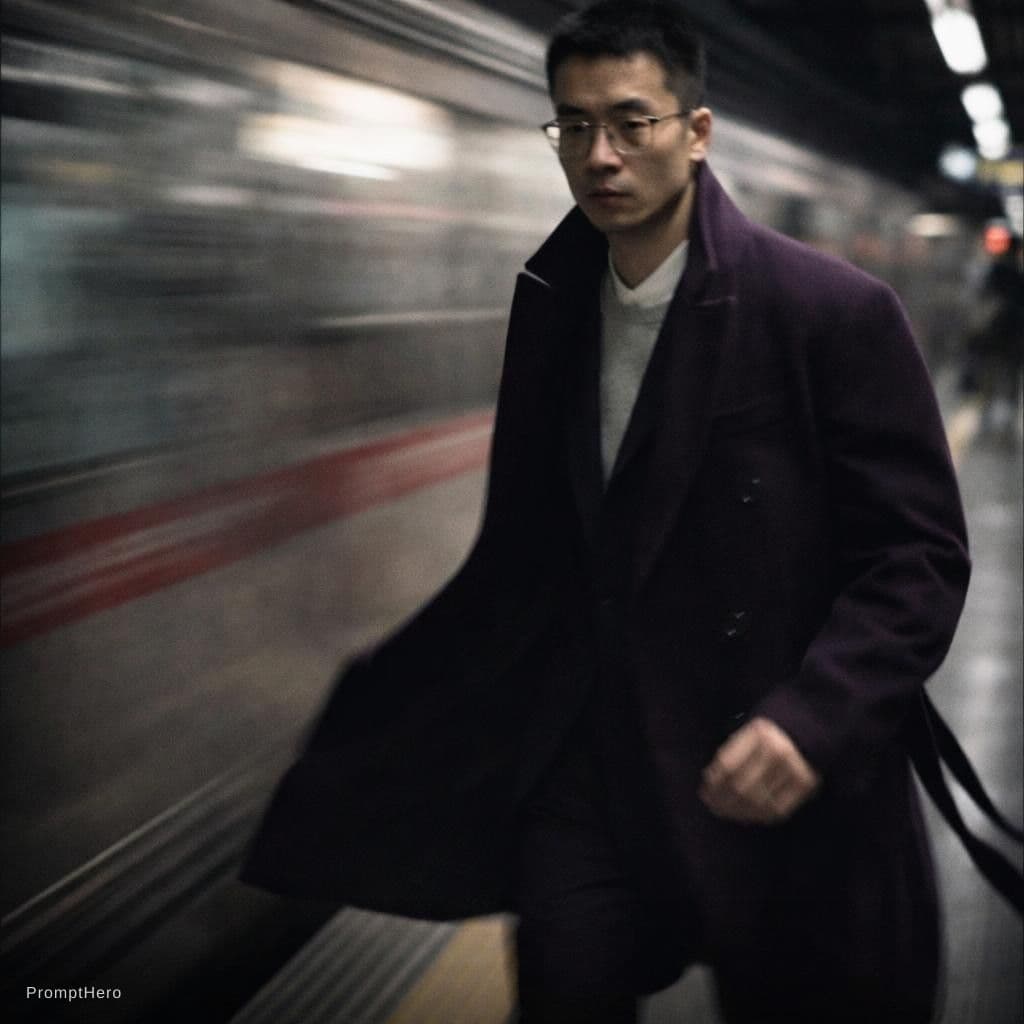 AI generated: fashion editorial photography, motion blur, male model, wearing an wool coat, deep purple color, wal...