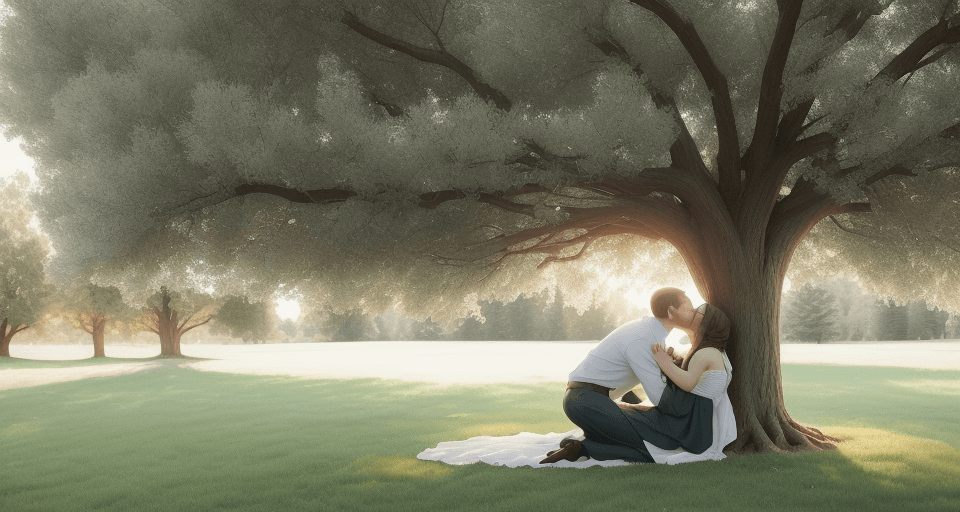 AI generated: husband and wife kissing under the tree