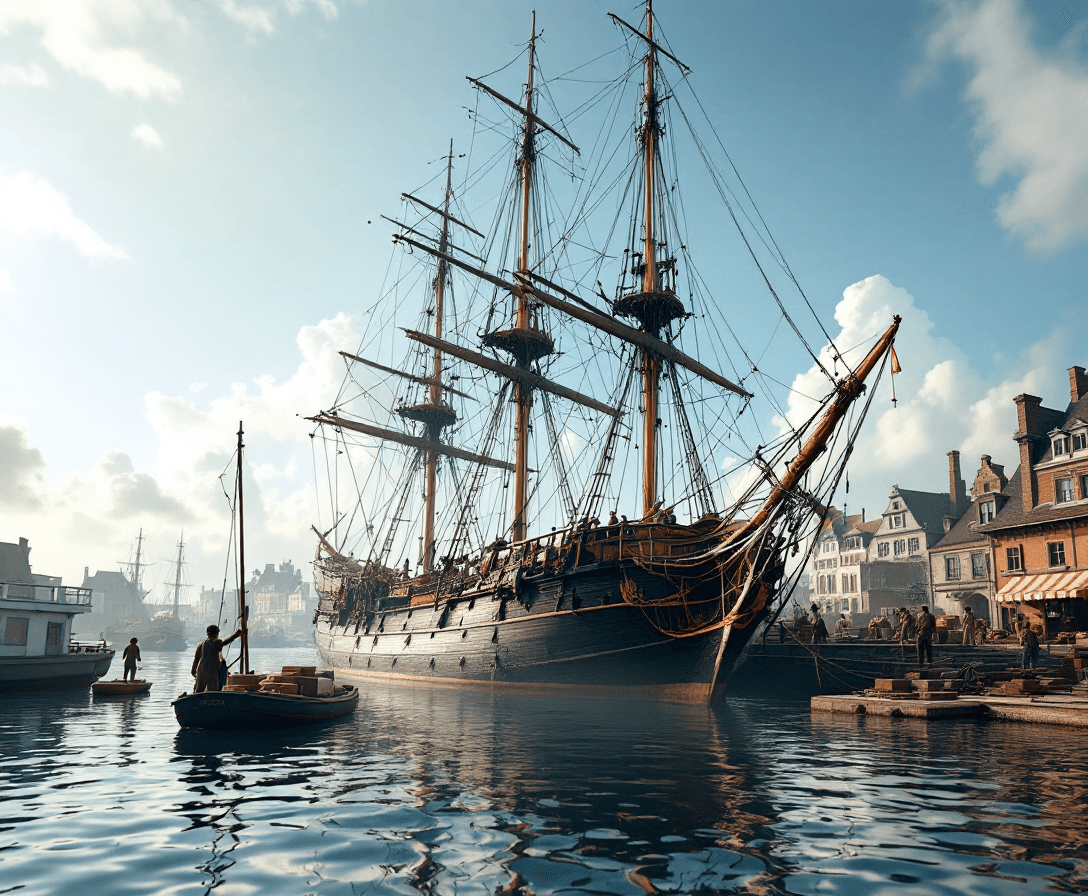 AI generated: Photo of a ultra realistic sailing ship, in the early 1800's, anchored at an old European port, crew...