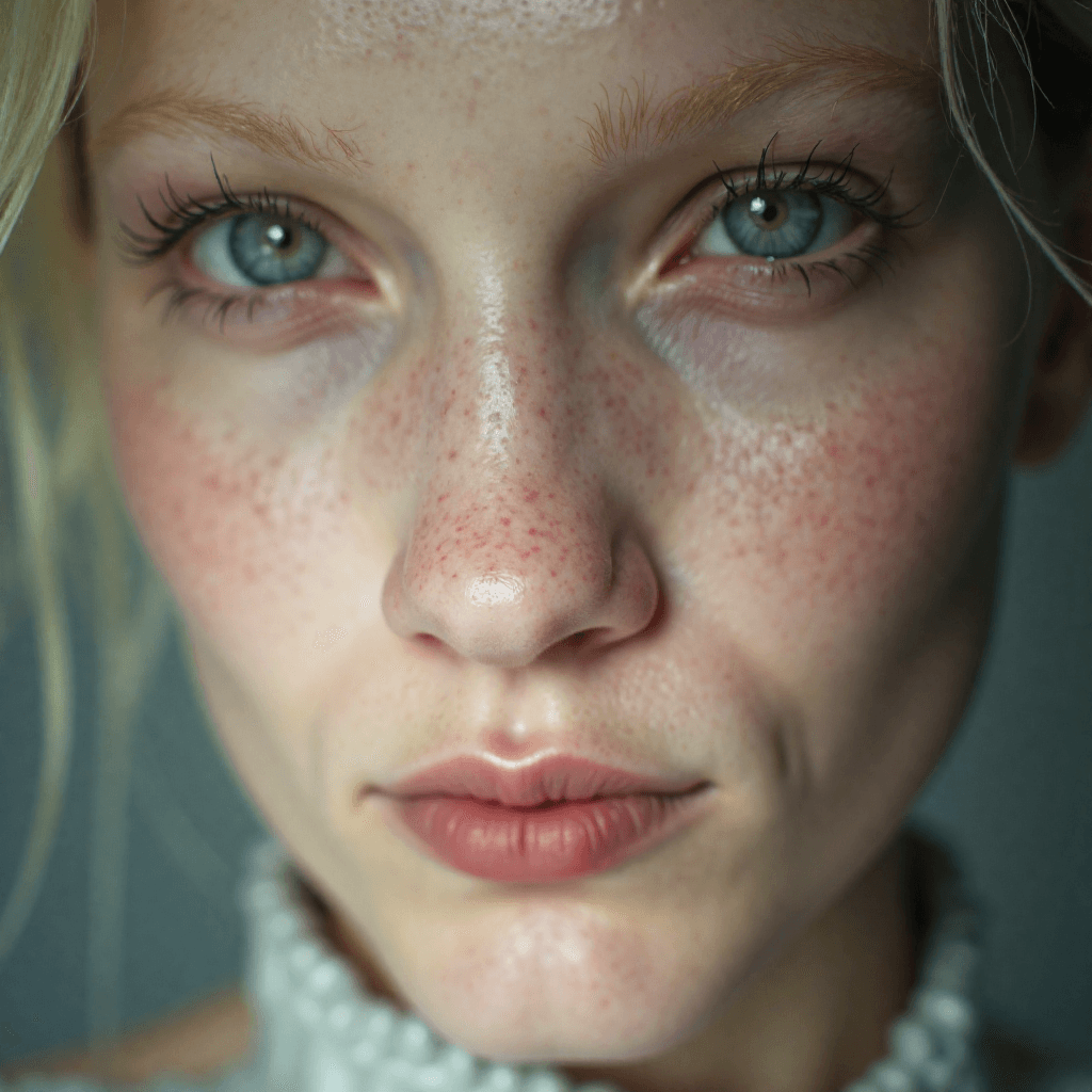 AI generated: very close-up realistic portrait of an androgynous and albino female face, (with freckles:0.5), deta...