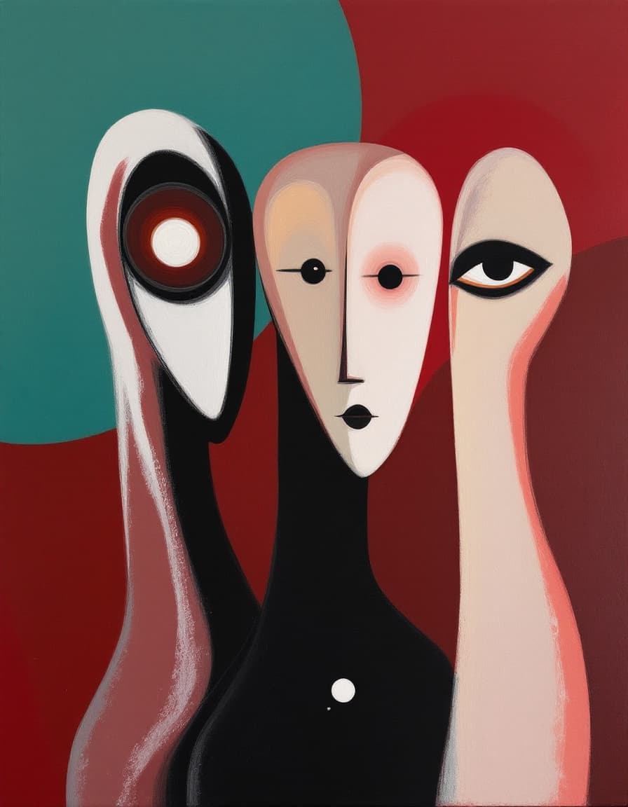 AI generated: An abstract artwork featuring three elongated, stylized human-like figures. The figures are painted ...