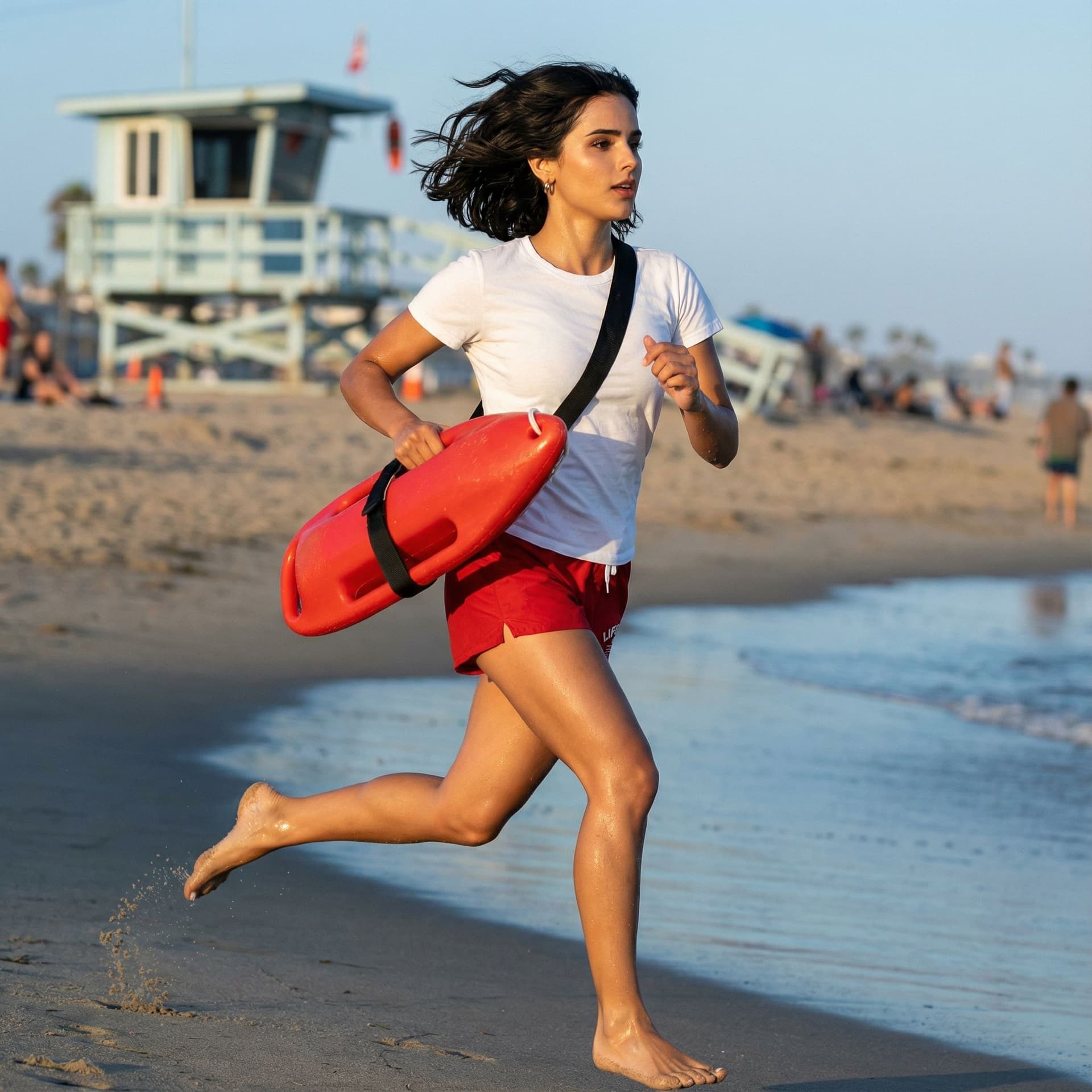 AI generated: 1girl, (full body), (action shot), (dynamic pose), (a girl as a lifeguard wearing a plain white shir...