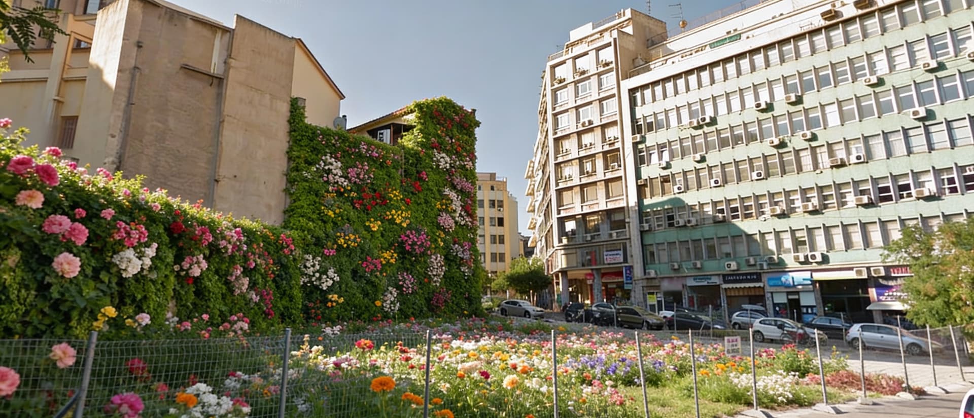 AI generated: Fill the empty cement slot of this picture with a blooming flower garden that climps the brown build...