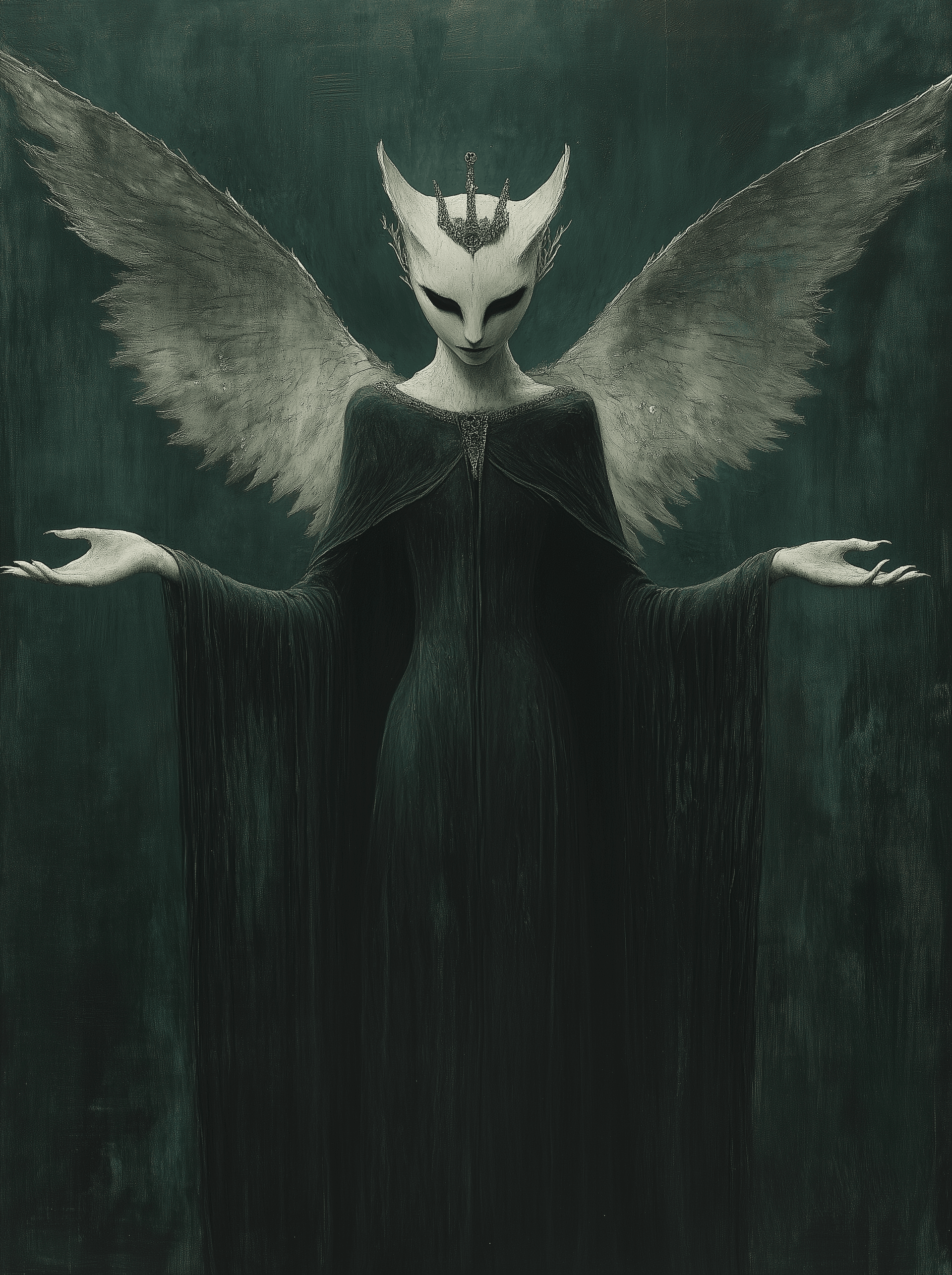 AI generated: A painting of an anthropomorphic creature with long white arms and legs. The head is shaped like two...