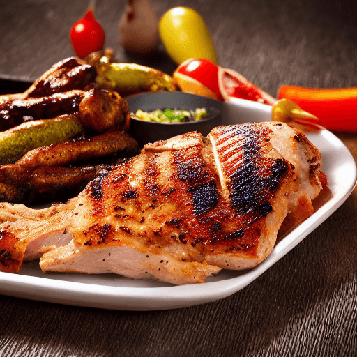 AI generated: yummy chicken grill steak, food photograph, food styling, long shot, lens 85 mm, f 11, studio photog...