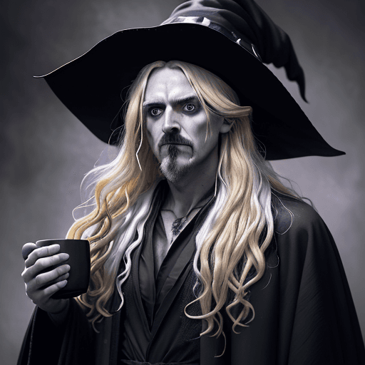 AI generated: A surprised man with long, messy blonde hair dressed as a witch with a hat, wearing a black robe wit...