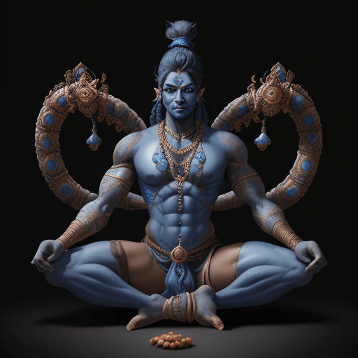 AI generated: Hyper realistic masculine, blue skin colored shiva, with man bun, and Rudraksa beads, in Nataraja po...