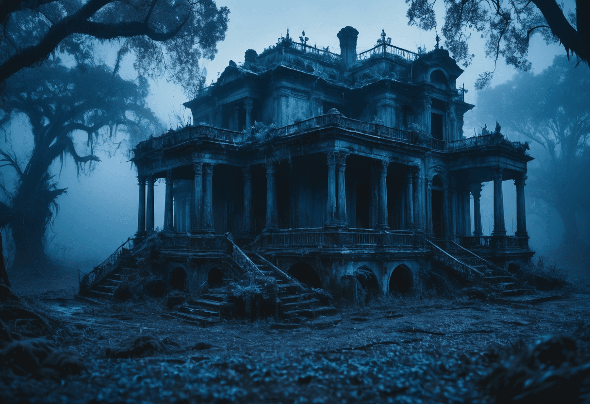 AI generated: fantasy, (wide shot of a decayed southern menion:1.2) , it is detailed with Lazuli details, soft, sq...