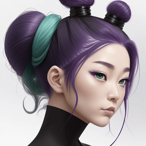 AI generated: A woman with distinctive features and an East Asian heritage has her deep purple hair fashioned into...