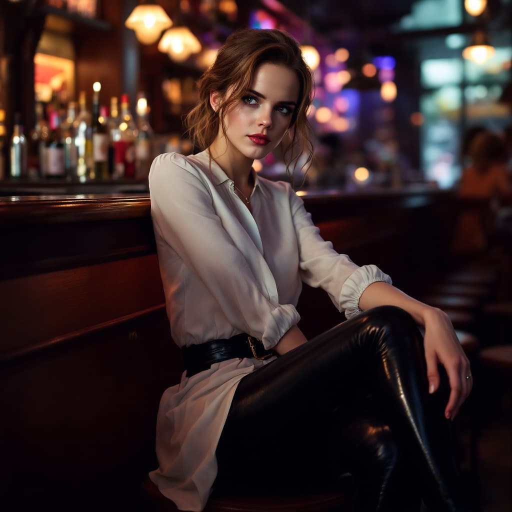 AI generated: Emma Watson in a white blouse, shiny black leggings and high heels. She is sitting in a bar, looking...
