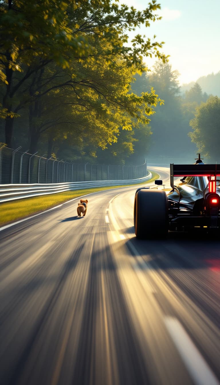 AI generated: Summer. The first racing car racing around the track on a bend.  From the car window, far around the...